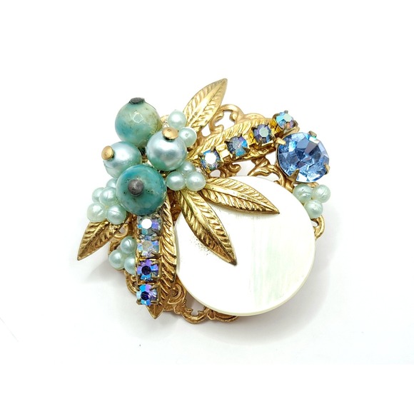 Jewelry - Vintage Blue Rhinestone Brooch Beads Mother of Pearl Disc Layered Leaf Cluster